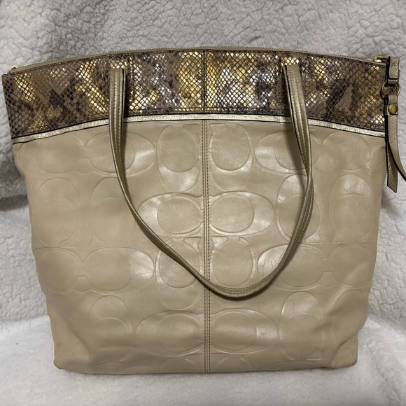 Coach Handbags - Coach Beige and Gold Tote Bag with Snake Skin Trim